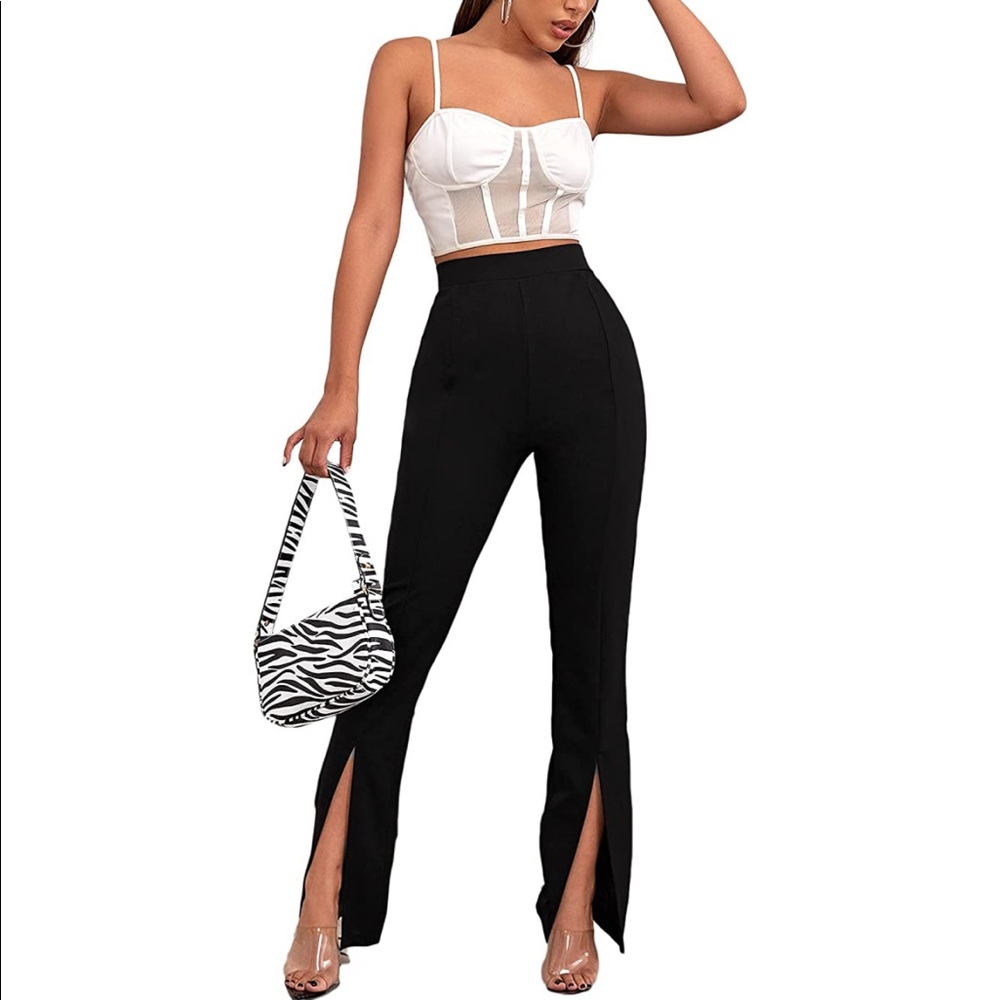 High Waist Split Hem Slim Fitted Long Pants Black S